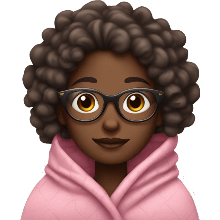 Dark skin girl with curly hair and glasses bundled up in a pink blanket with dark brown eyes emoji