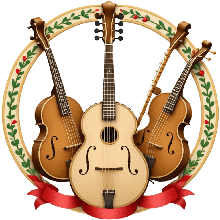 Design a sophisticated and festive emblem-like emoji representing plucked and stringed instruments. The layout should resemble a heraldic crest, featuring iconic instruments like a banjo, mandolin, domra, and sitar, artistically arranged in an elegant and symmetrical way. The necks of the instruments should be intertwined with a flowing ribbon of musical notes, winding around the strings and fretboards. The design should be detailed, showcasing the intricate carvings on the instruments, visible strings, and fret markers. Use a rich color palette with deep golds, browns, and vibrant accents to evoke a sense of luxury and celebration. The musical notes should appear to float around the instruments, connecting them in a graceful, dynamic way. Include ornate flourishes or decorative elements like laurels, swirls, or subtle engravings to give the image a professional, emblematic appearance. The background should be transparent. emoji