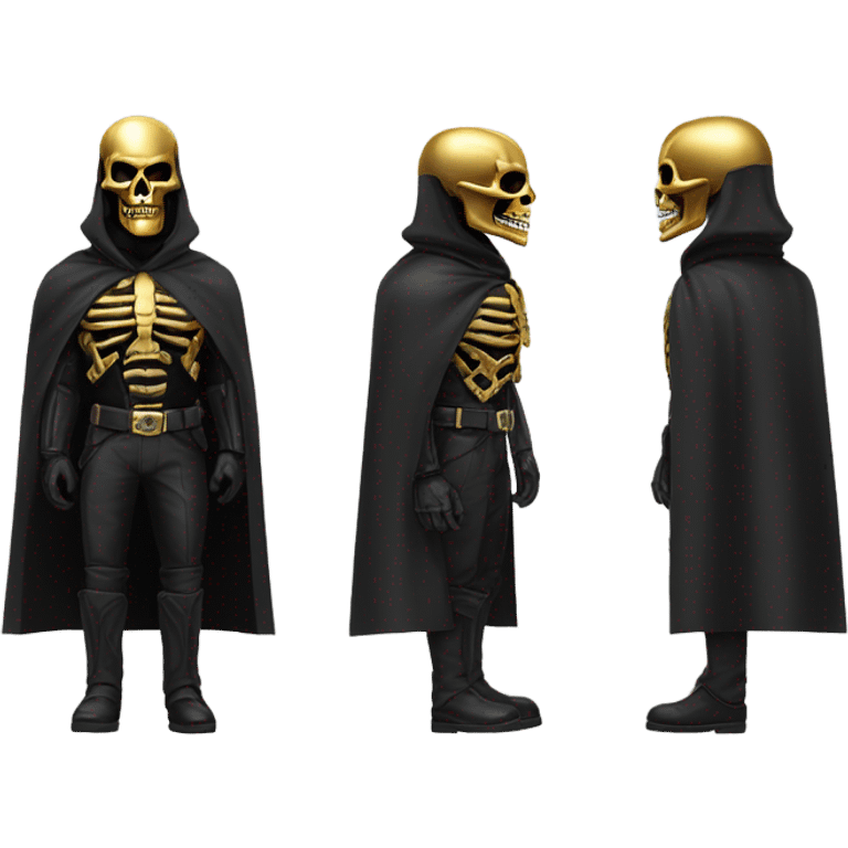 Bounty Hunter Boss with black cape and a perfect gold skull jaw mask from death Stranding, full body front and back emoji