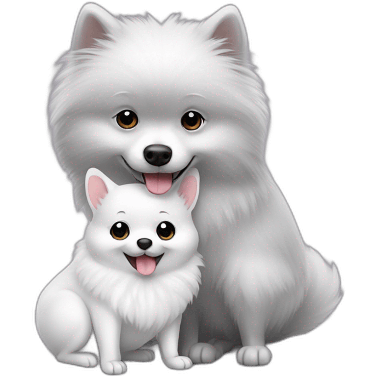 white pomeranian and gray mouse hug emoji