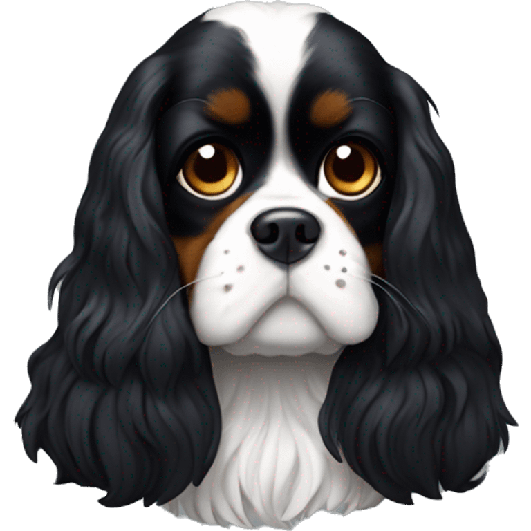 Small completely black king charles spaniel with black fur on his whole face and white fur on chest emoji