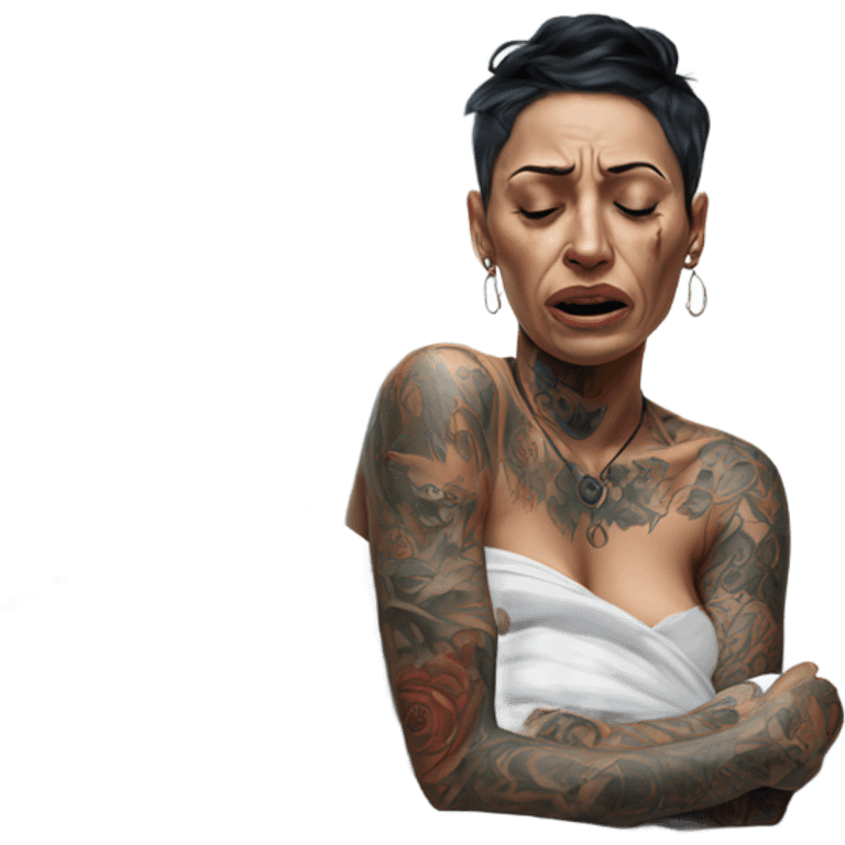 Hyper Realistic Beautiful tattooed woman crying holding a tissue lying on her bed emoji