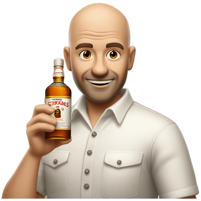 realistic meme of bald man wirt white short bart, with Glenfarclas 35yo emoji