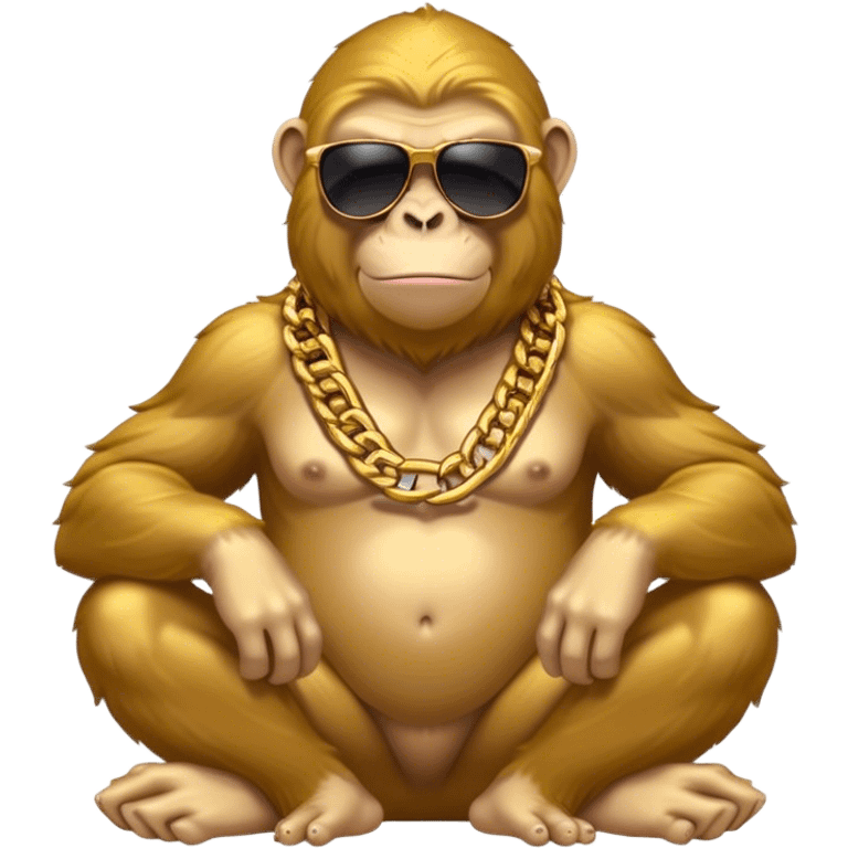 ape with big golden chain on the neck wearing sunglasses sitting on the big pile of gold  full height. emoji