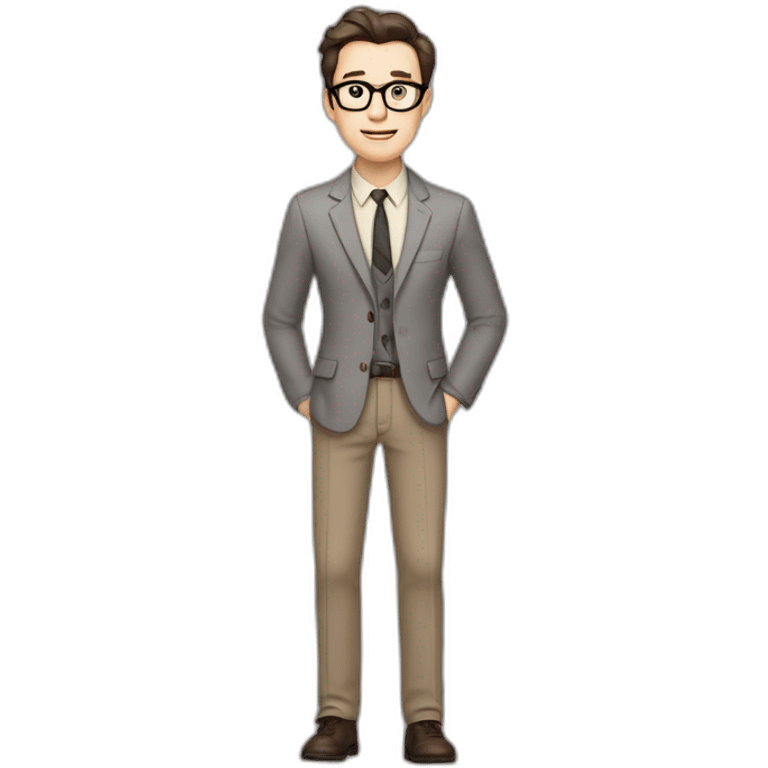 Full height Pale skinned Fit Man With dark brown hair in gray jacket, beige office shirt, tie, Brown pants and vintage glasses. Thrumbs of his palms directed up emoji