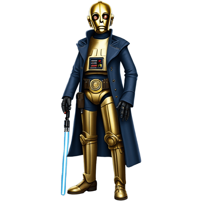 bounty hunter tarnished undercover tough well-equipped Jedi  life-sized darkblue-pearl C3po leather vest clothing pants and vest old west duster coat holding light saber sheriff emoji