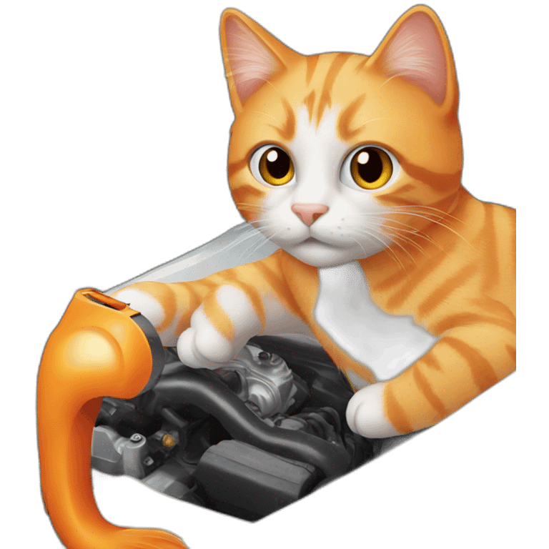 orange cat checking white car engine emoji