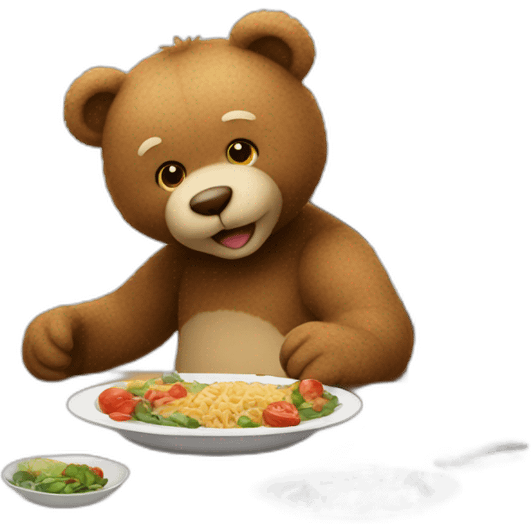 Teddy bear sitting at table eating dinner   emoji