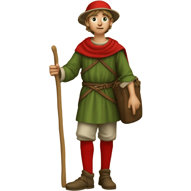 Young European pilgrim of the 13th century with staff, red stockings, short tunic and green hat and leather bag emoji