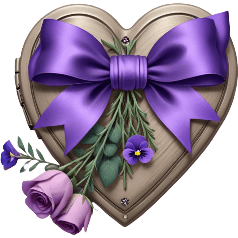 A midnight purple silk bow wraps around a bundle of wilted lavender sprigs, velvety pansies, and blush-violet roses, resting on an aged wooden table. Nearby, an antique silver locket shaped like a heart, engraved with tiny celestial stars, glistens faintly under the dim candlelight. emoji