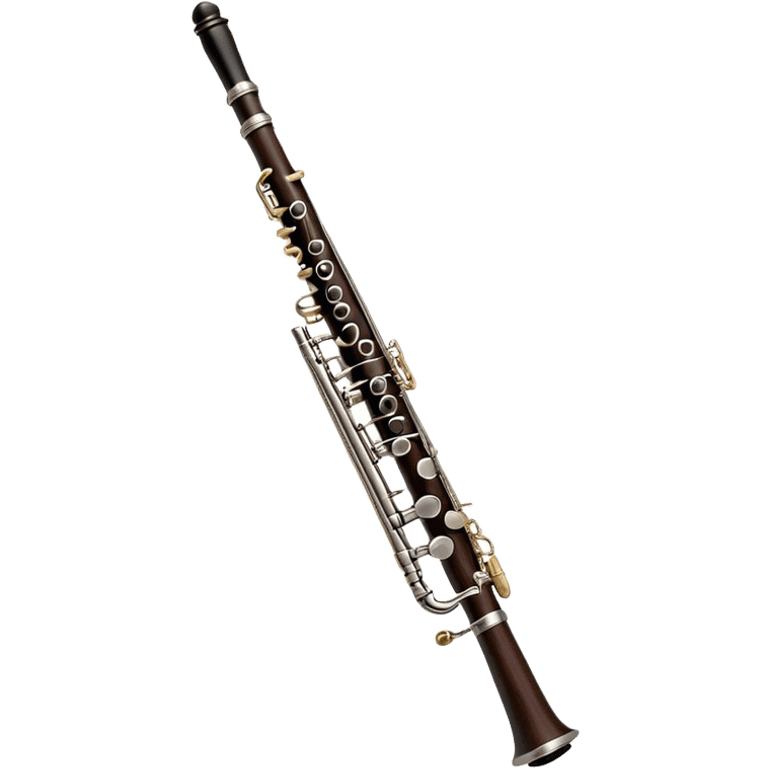 Create an elegant and detailed emoji representing a black oboe with a reed. The design should showcase the sleek, dark wood finish of the oboe, with the metal keys clearly visible. The reed should be delicately placed at the top of the instrument, emphasizing its essential role in producing sound. Add subtle details like the silver or brass accents on the keys to reflect the high-quality craftsmanship of the instrument. Use deep black, silver, and wood tones for the oboe to capture its sophisticated appearance. The background should be transparent. emoji