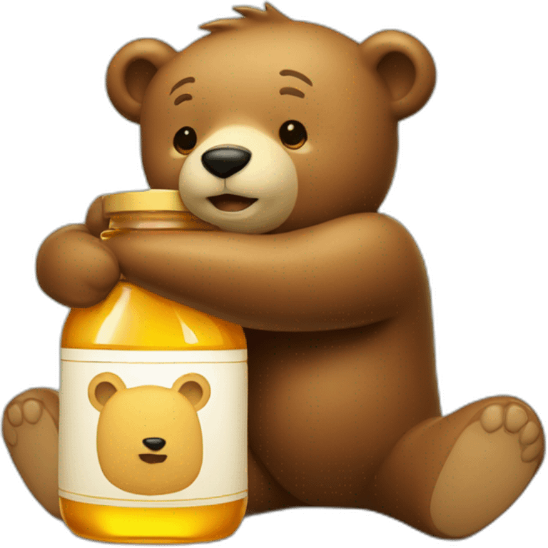 A bear hugs an honey bottle with love emoji