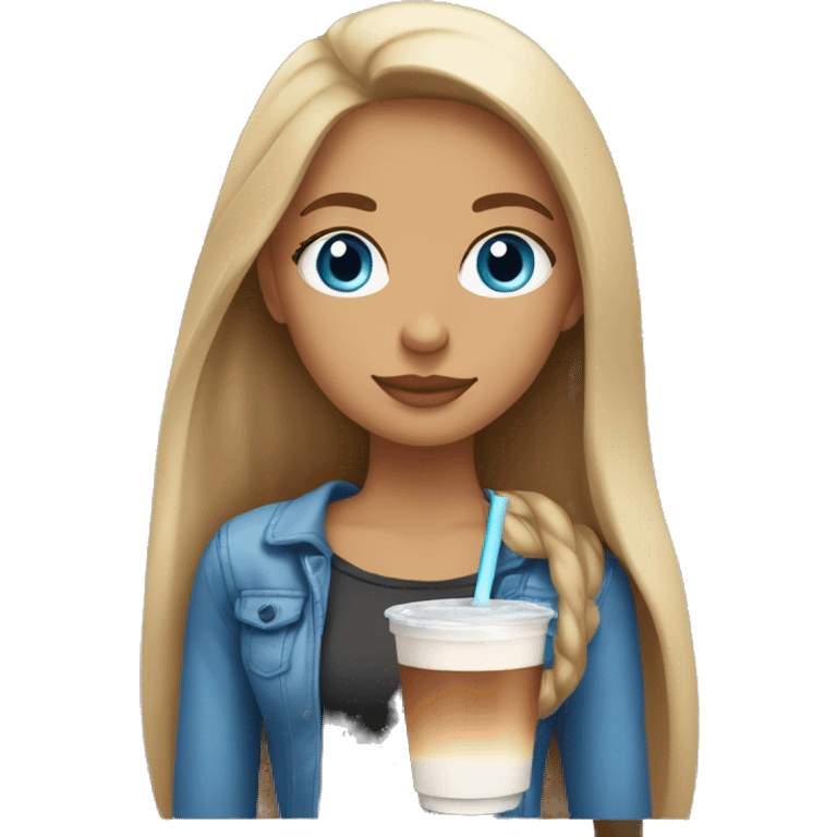 Girl with blue eyes long straight brown hair with blonde highlights sipping iced coffee emoji