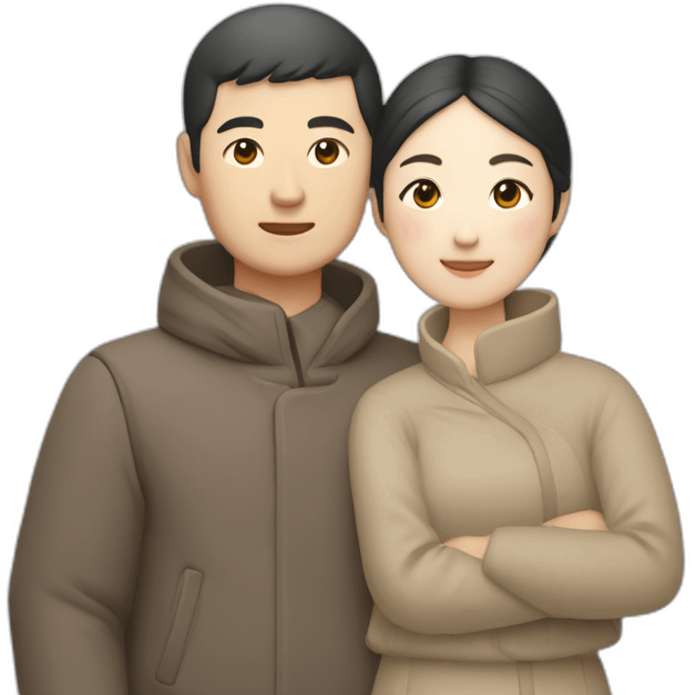 Chinese couple in Muji outfit hugging emoji