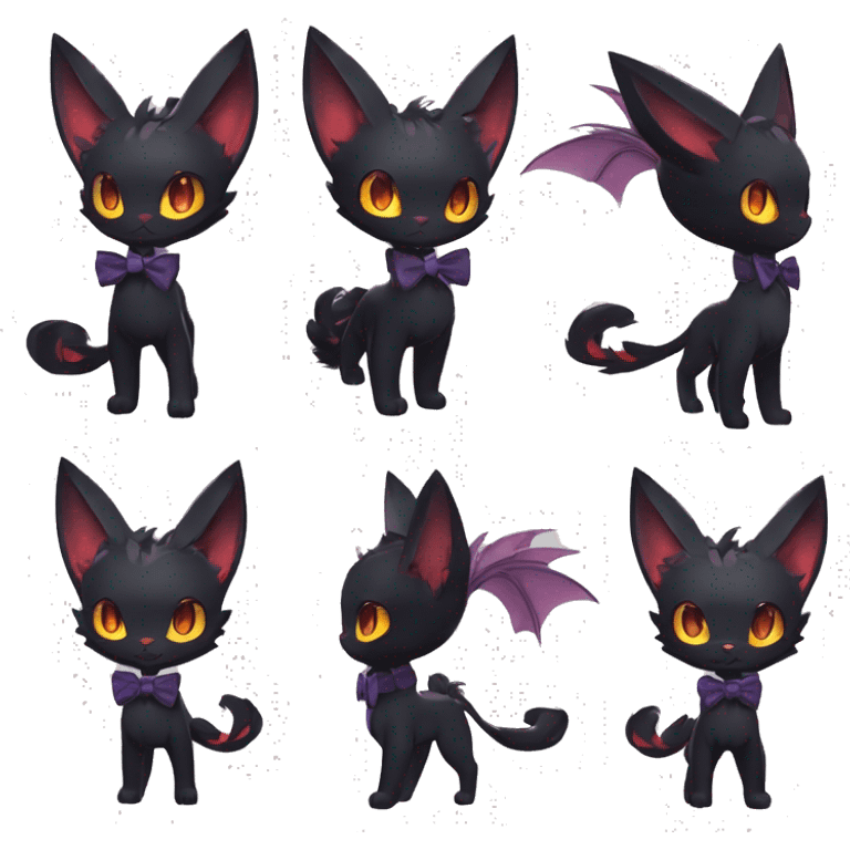 Shiny Dark Cool Edgy Black beautiful ethereal fantasy Kawaii Sona Litten-Fakemon-cat-animal with edgy bat-ears bow tie black emo-mane vtuber model Full Body emoji