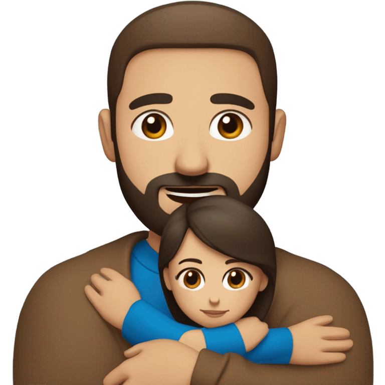 Comforting hug from brunette Puerto Rican with dark brown eyes wearing a cute blue top to short, bald man with brown eyes and a beard wearing a brown sweater emoji