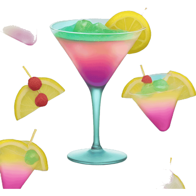 Bluish green cocktail with pink and yellow emoji