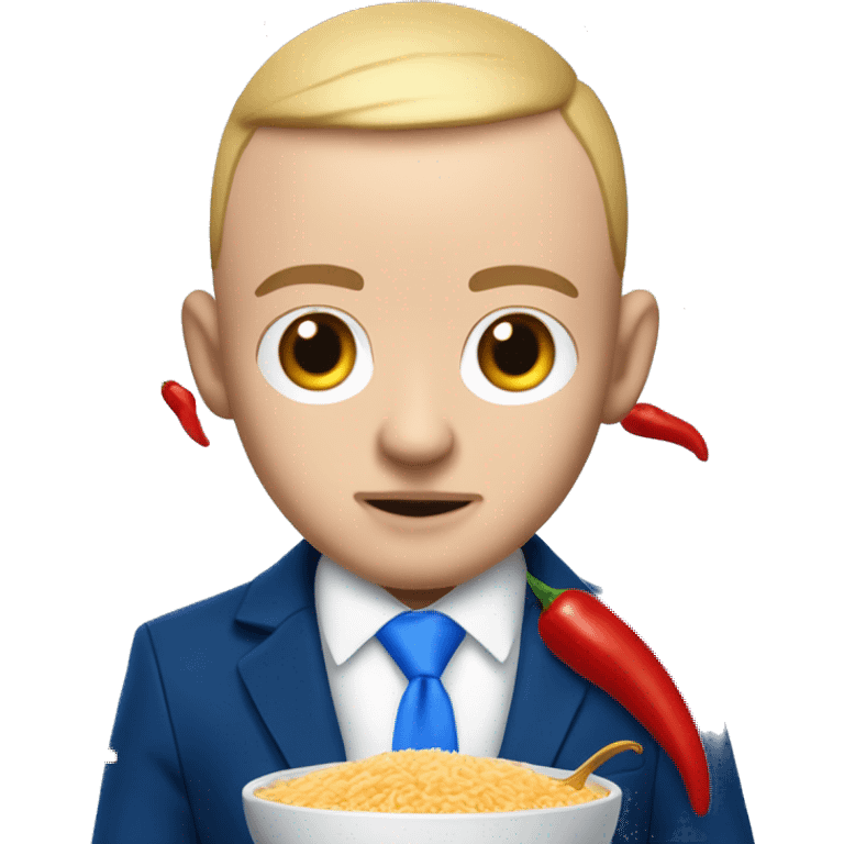 realism mac miller with a blonde comb over skin fade and blue eyes wearing a blue suit eating chilli with rice. normal colour skin emoji