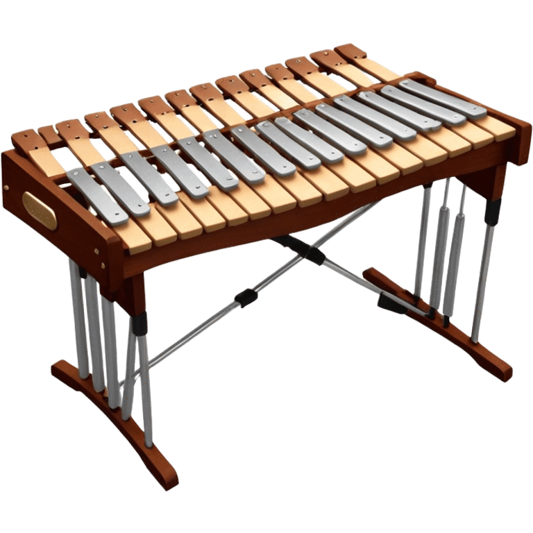 Create a detailed and professional emoji representing a Fleet FLT-SX37 long orchestral wooden xylophone. The design should showcase the large wooden bars of the xylophone, arranged in a traditional setup, with soft metallic accents on the mallets. The bars should have a rich wood texture, with polished details to reflect the quality of the instrument. The mallets should be held above the bars, with the heads clearly visible. Use warm, rich wood tones like mahogany and light brown, with silver or metallic accents for the mallets. Add subtle musical notes floating above the xylophone to emphasize its melodic sound. The background should be transparent. emoji