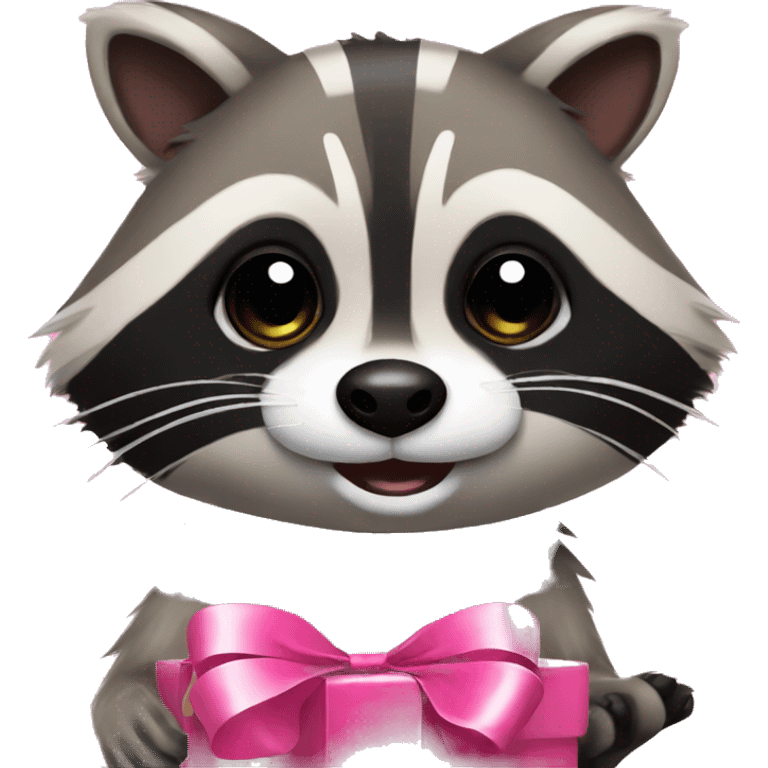 Raccoon with pink bow coming out of present emoji