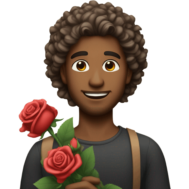 Handsome man with curly hair with a bouquet of roses emoji