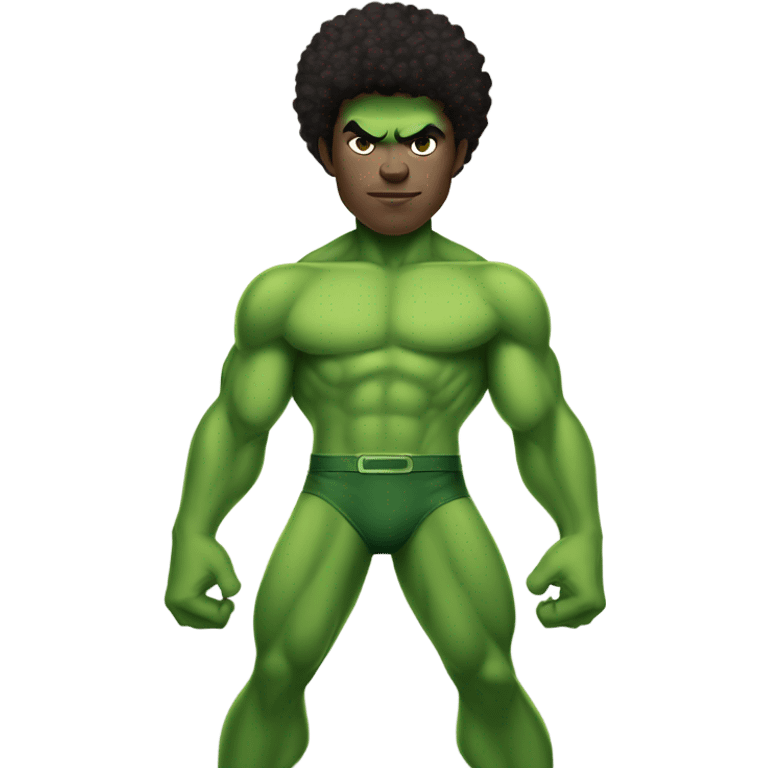 1 full-body Afro light-skinned skinned male teenager shirtless in a green superhero costume of the Hulk. emoji