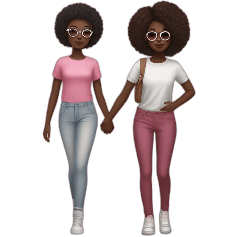 A young black-skinned woman with natural African hair dressed in classic clothes and a young girl with white skin wearing big pink glasses and streetwear clothes who are both holding hands emoji