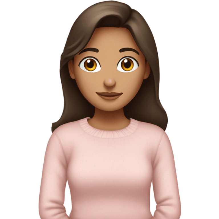 Pretty brown eyed brunette girl with light pink sweater reading cozy emoji