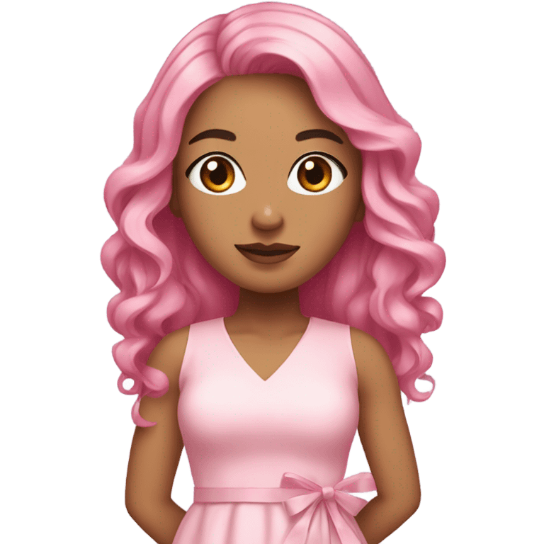 Karina aespa with pink hair, wearing a light pink dress with a ribbon in the middle. Her hair is a beautiful layered model. emoji