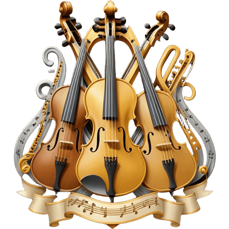 Create a sophisticated, festive, and professional emoji collage resembling a coat of arms, symbolizing string instruments. The design should feature several string instruments, such as a violin, cello, guitar, and harp, arranged in an elegant, balanced composition. Each instrument's neck (fingerboard) should intertwine with flowing musical notes, forming a ribbon-like structure that weaves through the instruments. The strings of the instruments should be emphasized, creating a dynamic and elegant effect. Use rich gold and silver accents to highlight the professional quality of the instruments, with deep wooden tones for the body of each instrument. Surround the instruments with a subtle border, resembling a heraldic crest, and add small decorative elements like laurel leaves or subtle flourishes. The background should be transparent to keep the design clean and polished. emoji