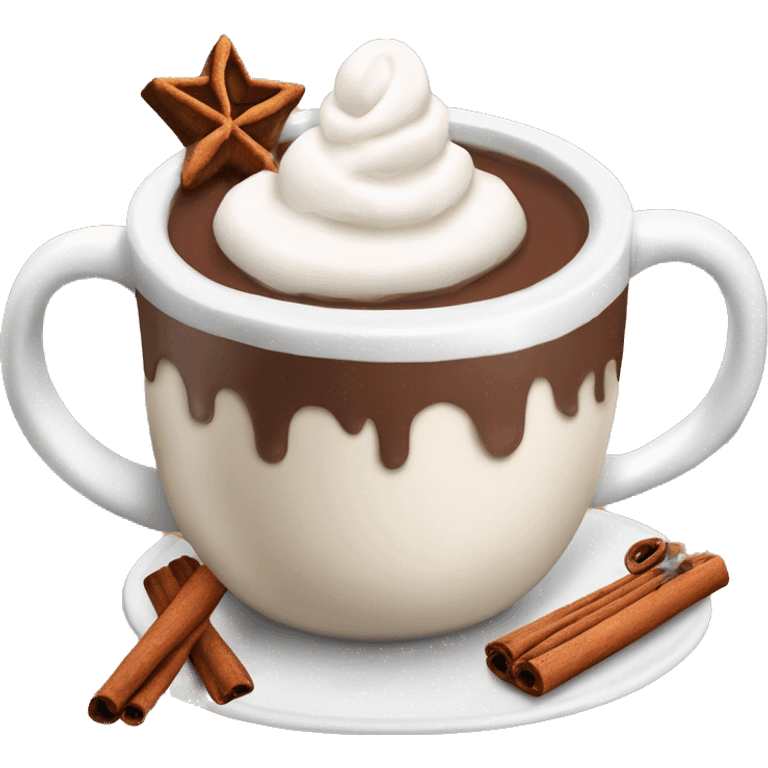 Decorated Christmas mug of hot chocolate with whipped cream and cinnamon emoji