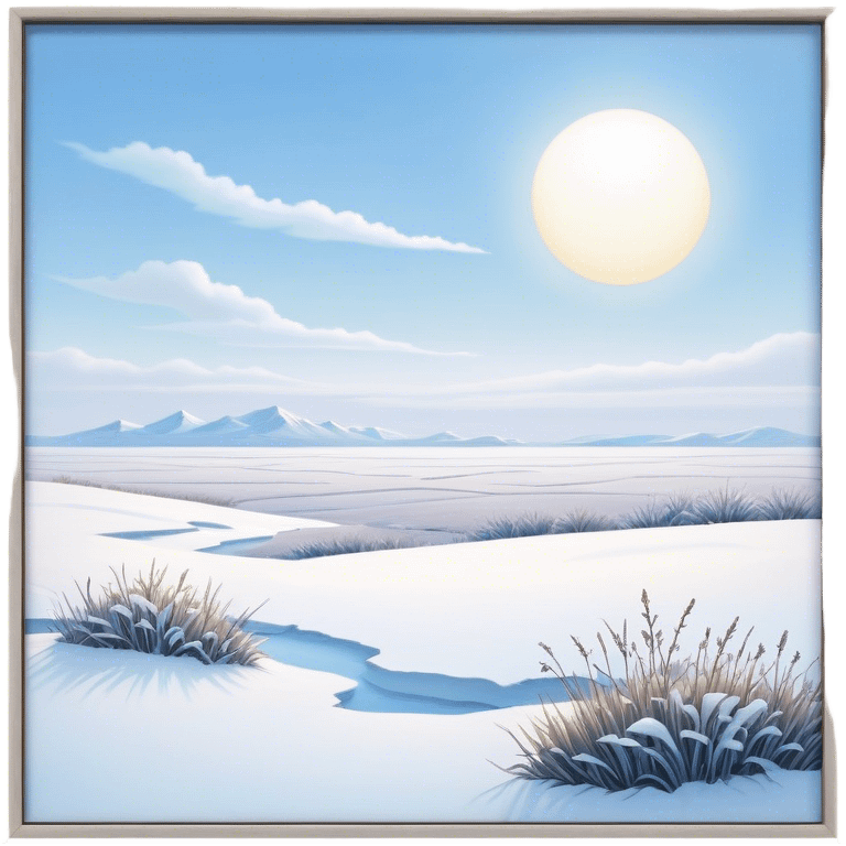 Cinematic Realistic Tundra Emoji in a wooden frame, Vast and cold, with wide expanses of snow-covered ground, sparse grasses poking through, and the occasional hardy shrub breaking up the pale white landscape. The sky above is a pale, frosty blue, and the light reflects off the snow, creating a serene yet starkly beautiful environment. Soft glowing outline, capturing the essence of a quiet, still, frozen wilderness where life endures despite the harsh conditions. emoji