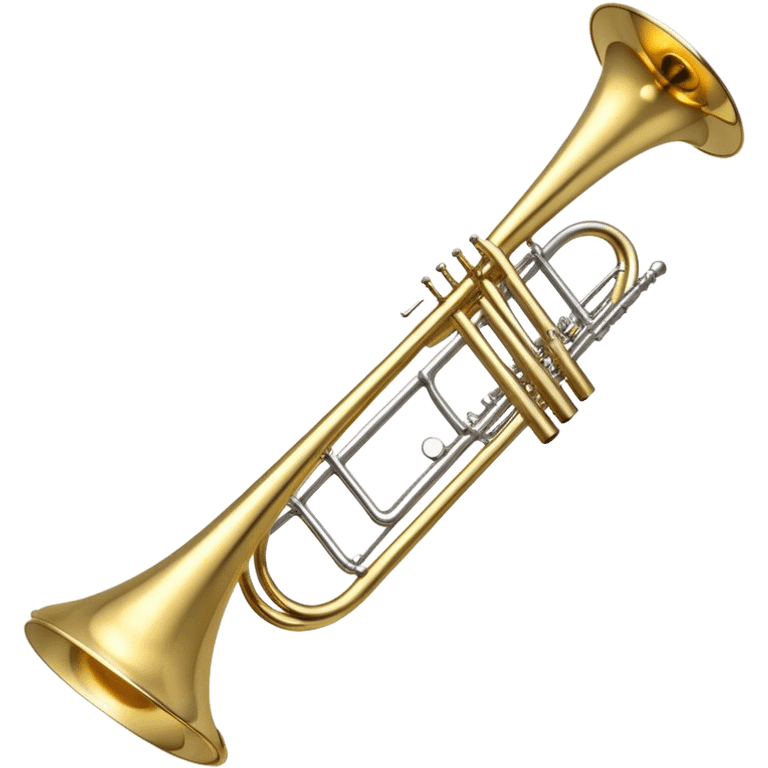 Create an elegant and detailed emoji representing the Bach Bb/F tenor trombone. The design should feature the smooth, shiny brass body of the trombone, showcasing its large, flared bell and curved tubing. Highlight the tuning slide with its polished metal finish, and the mouthpiece should be clearly visible. The trombone’s surface should have a gleaming brass tone with subtle silver accents around the mouthpiece and slide. Add a few musical notes or soundwaves emanating from the bell to emphasize the powerful sound of the trombone. Use golden and brass tones with reflective light effects to enhance the trombone’s professional and high-quality appearance. The background should be transparent. emoji