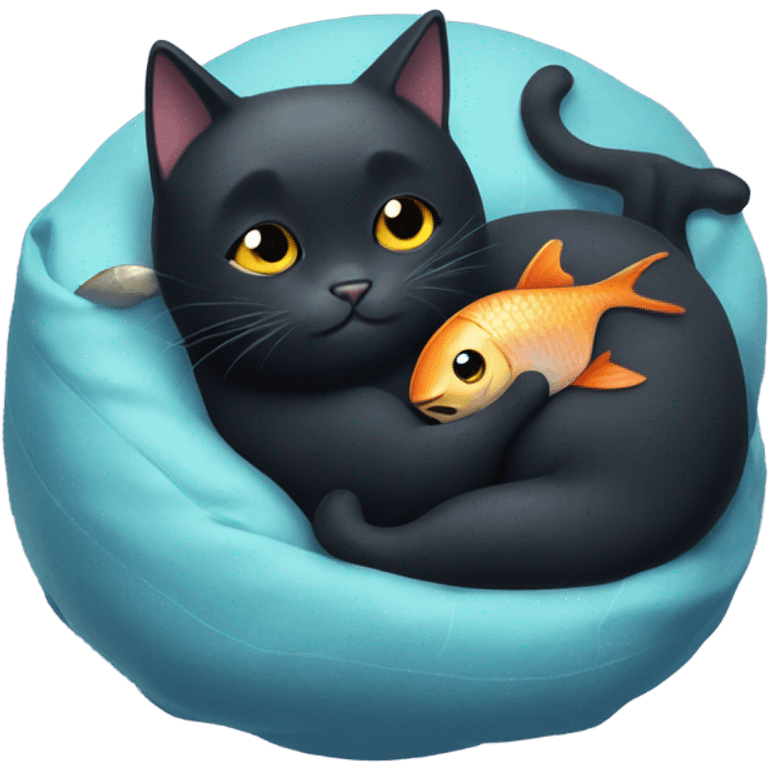 Black Cat snuggling with a fish friend emoji