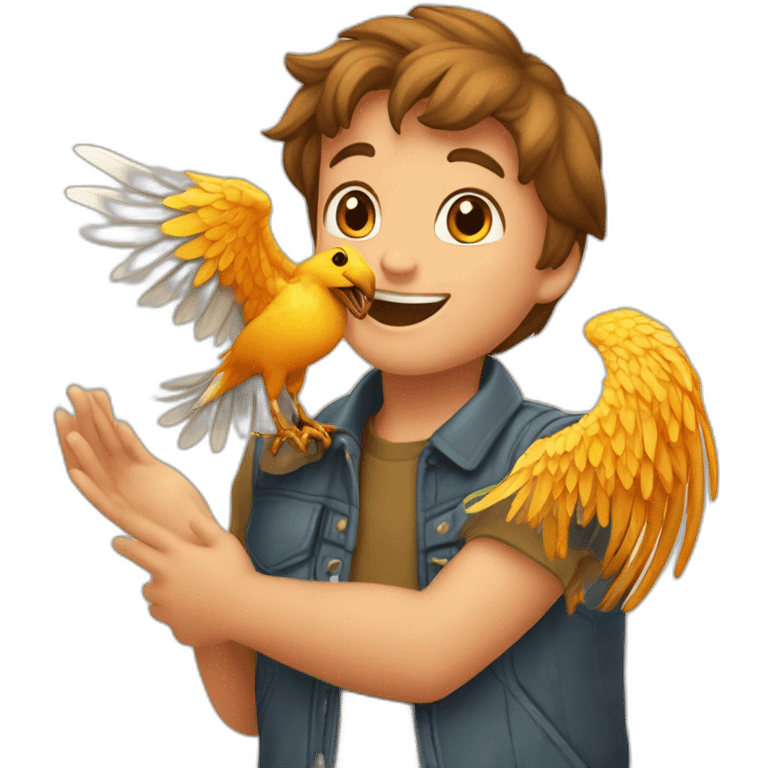 niños felices de la mano y un ave fenix de fondo emoji