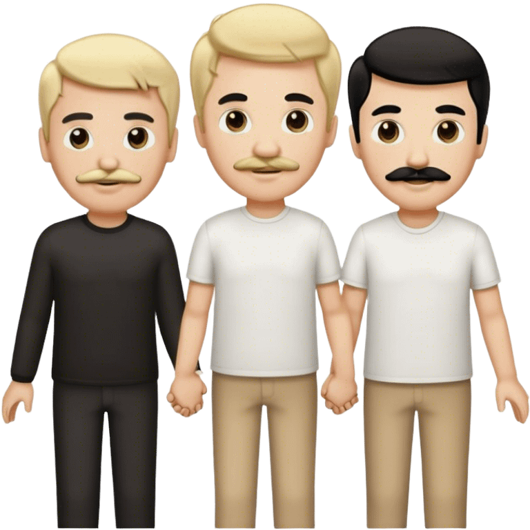 Three men holding hands, all white, one with blonde hair, one with black hair and a mustache, and one with brown hair emoji