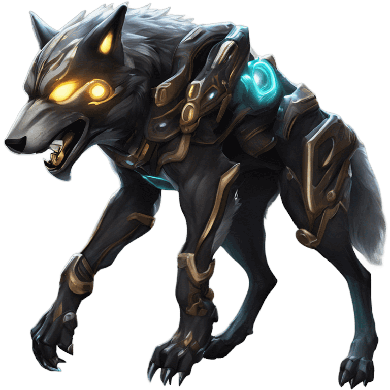 Warframe-inspired wolf Warframe with sleek biomechanical armor, a snarling wolf-like helmet, glowing eyes, and clawed gauntlets. Dark metallic colors with glowing energy lines, blending feral agility and deadly stealth. emoji