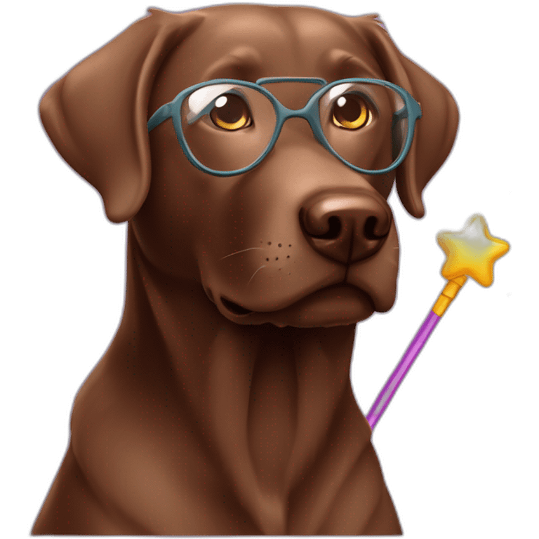 Labrador Retriver chocolate color whit a magic wand and glasses emoji