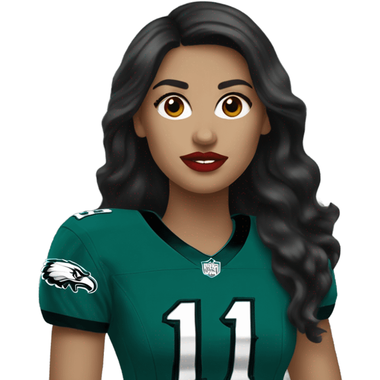 White female long dark hair red lips wearing Philadelphia Eagles jersey emoji