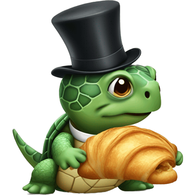 A turtle eating croissant wearing a top hat  emoji