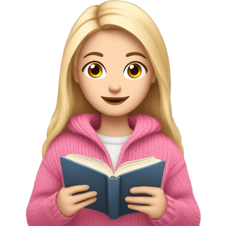 Pretty white girl with pink sweater reading cozy emoji