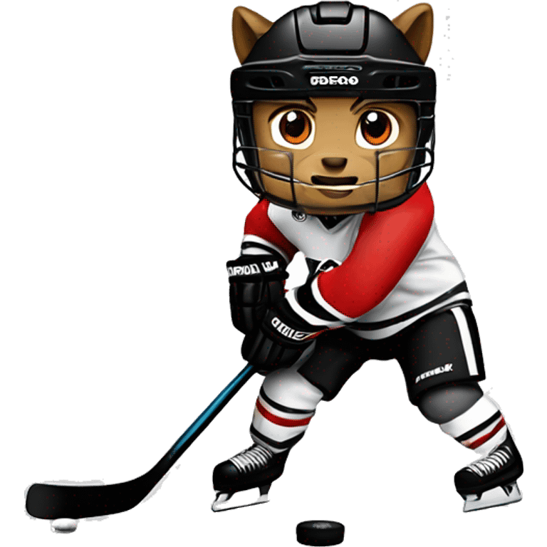 A wolf hockey player in a white red and black uniform holds a puck emoji