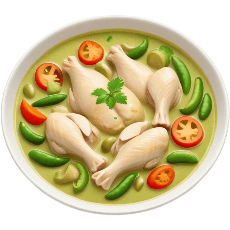 Cinematic Realistic Green Chicken Curry Dish Emoji, depicted with tender chicken simmered in a fragrant green curry sauce with vegetables rendered with rich textures and dynamic, vibrant lighting. emoji