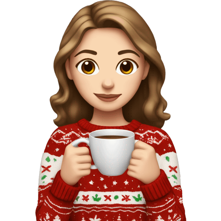 White girl with brown hair drinking coffee in a Christmas sweater emoji