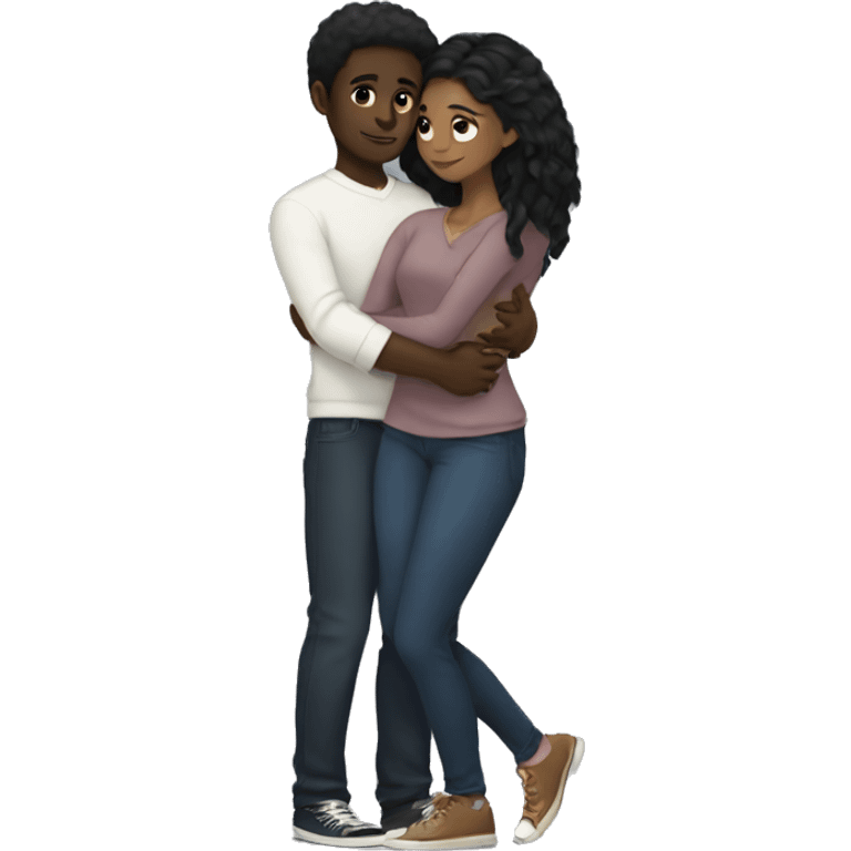 Dark brown skin black haired girl hugging light skin black hair guy emoji