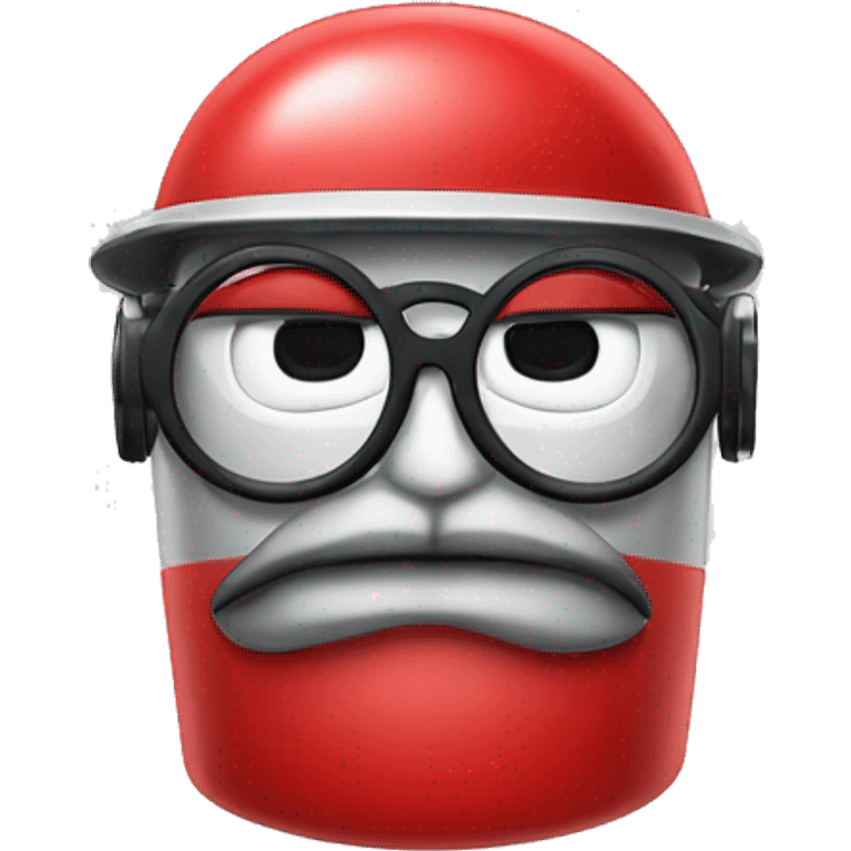 a robot with a mustache and glasses, and a red cap with written on the cap "100% human" emoji