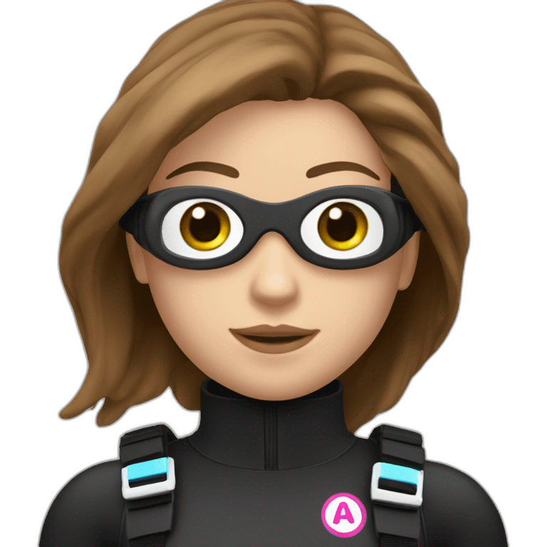 a woman with an a black scubadiver suit. pink dive mask, she has blue eyes inside the dive mask. brown long and straight hair emoji