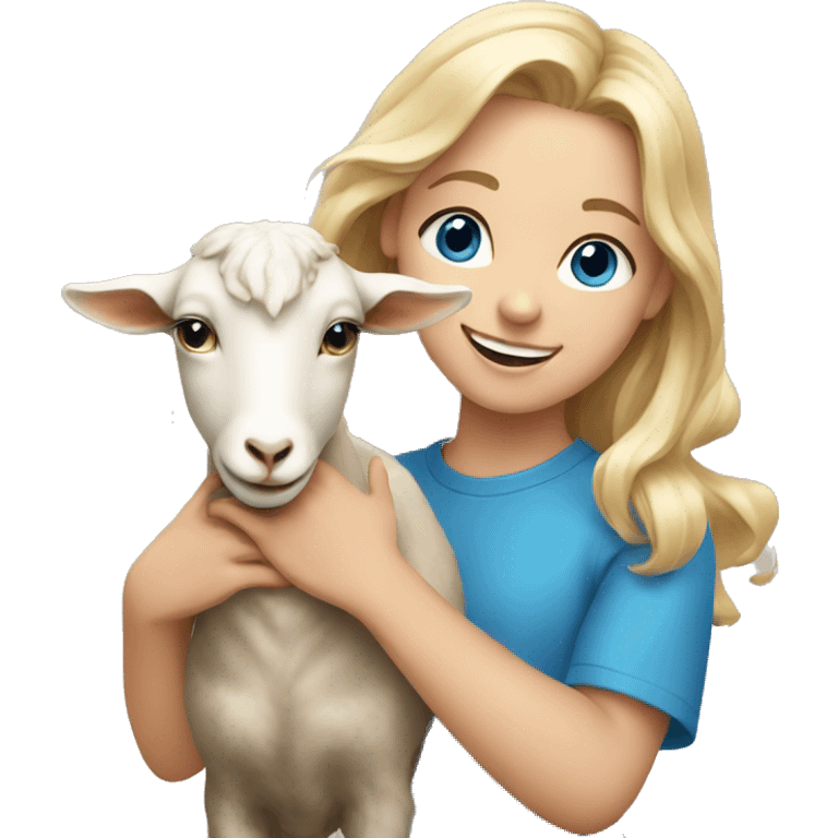 smiling girl with blonde hair blue eyes holding goat emoji