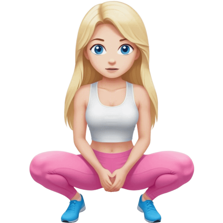 Cinematic realistic blonde with long hair and blue eyes, dressed in a white top and pink leggings, squats emoji