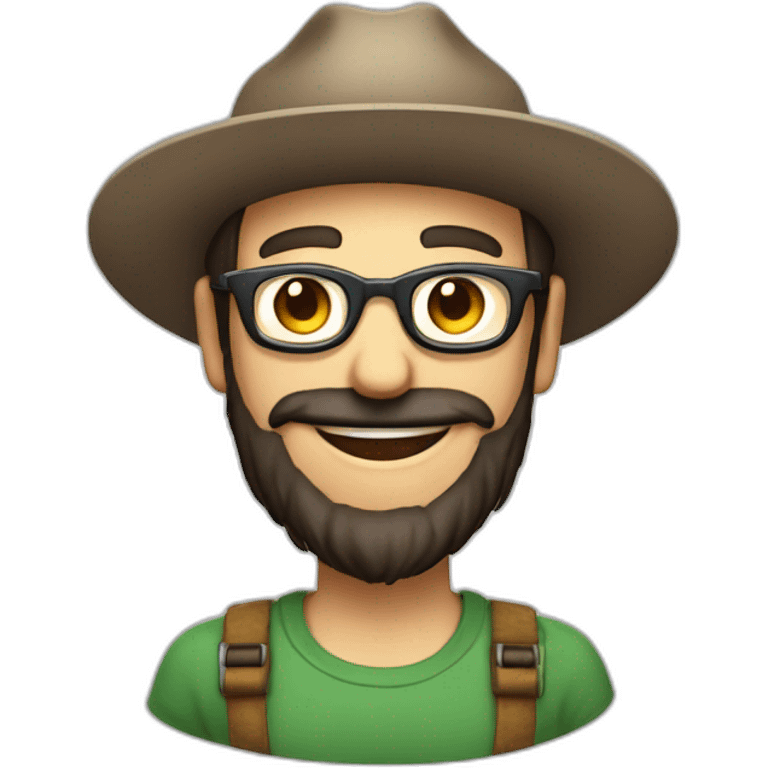 happy smile gardener face long dark beard and very short dark hair round glasses brown eyes and a hat emoji